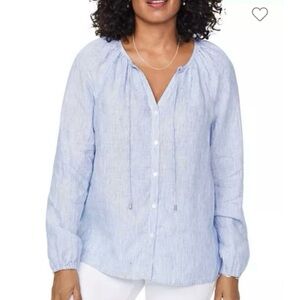 NYDJ Blue Stripes Peasant Lightweight Breathable Linen Long Sleeve Beach Blouse